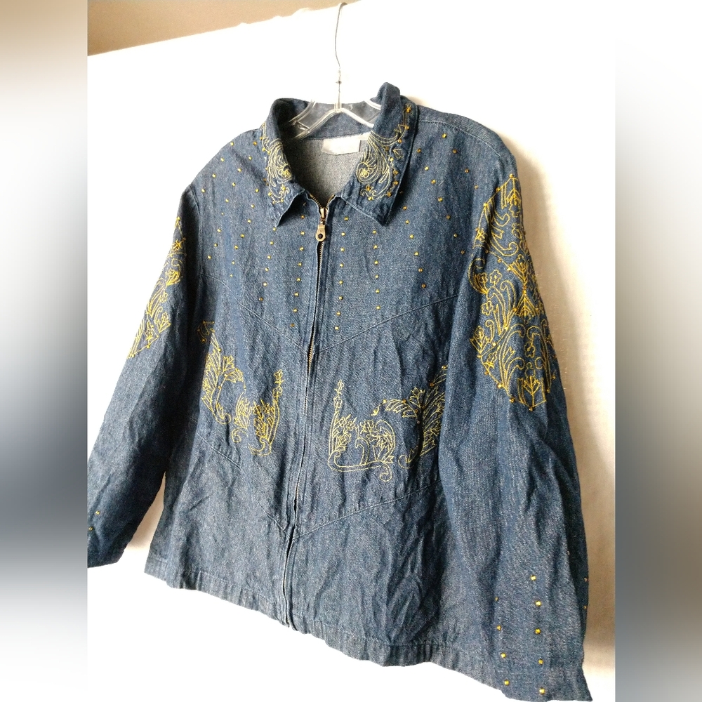 Blair Denim Jean Jacket Shacket Zip Front Rhinestones & Embroidered Size Large - Picture 6 of 6